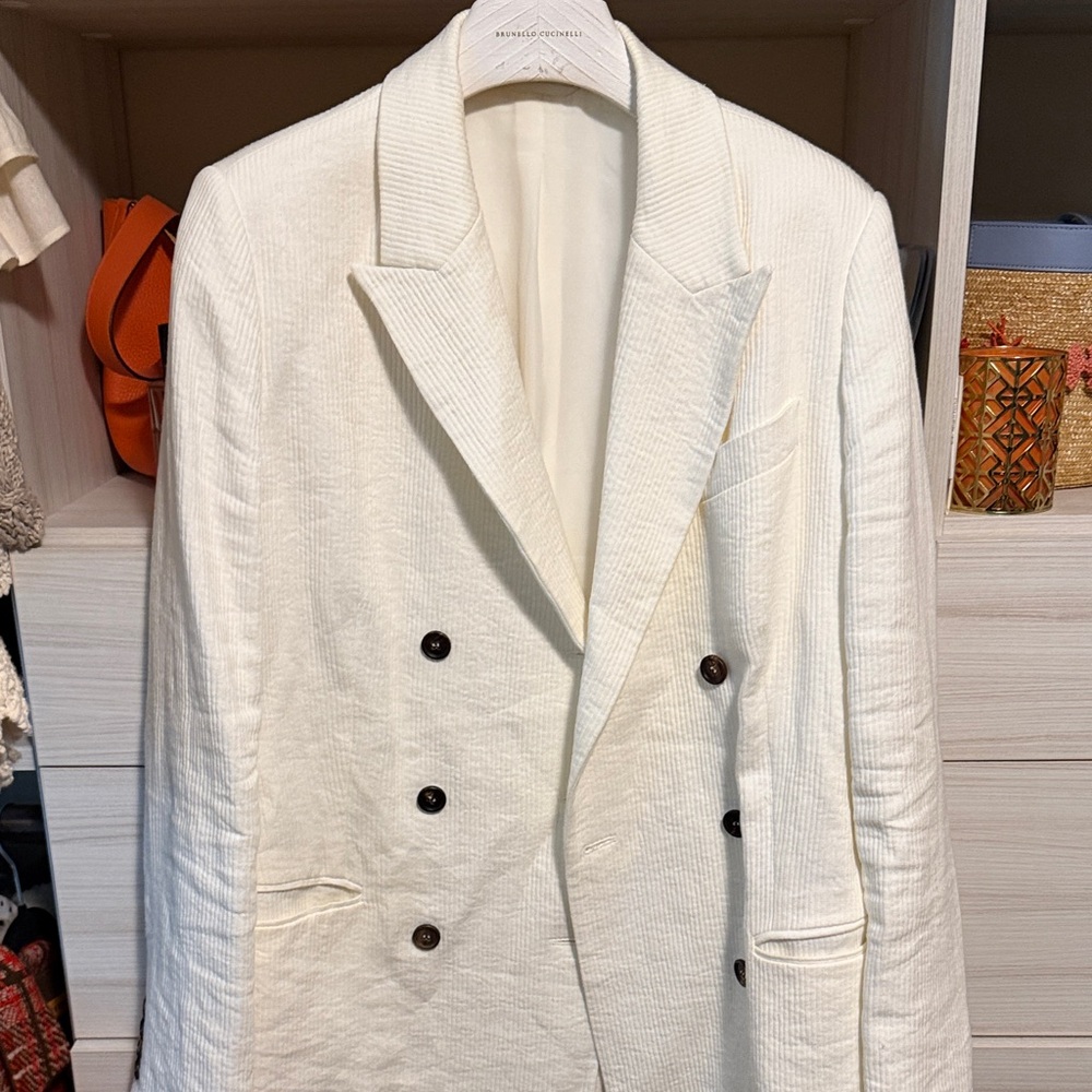 Brunello Cucinelli Cream Double-Breasted Blazer